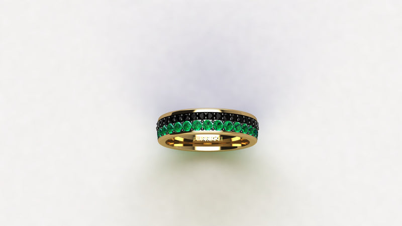 1.3 Carat Emeralds Black diamonds Pavé Eternity Ring in 18 Karat Yellow Gold