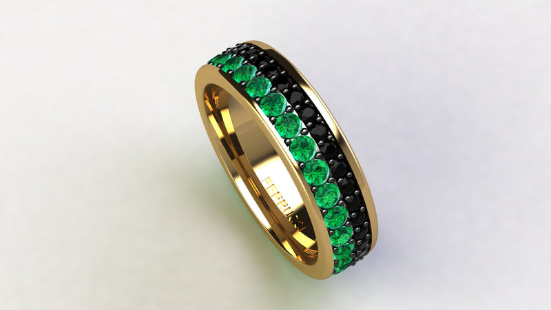 1.3 Carat Emeralds Black diamonds Pavé Eternity Ring in 18 Karat Yellow Gold