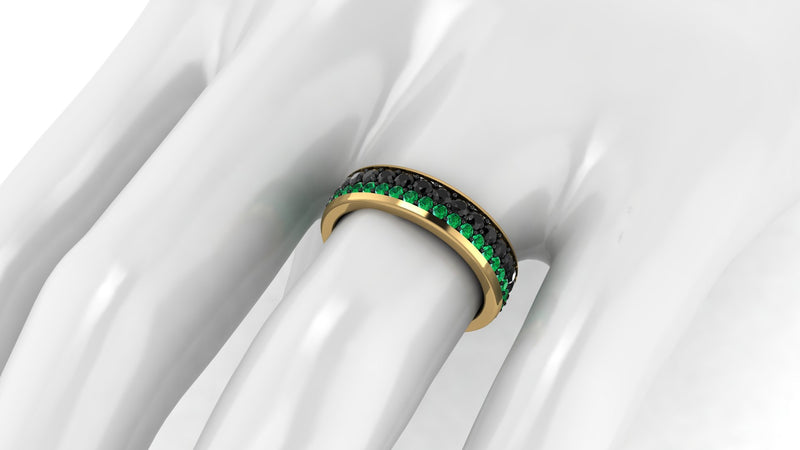 1.3 Carat Emeralds Black diamonds Pavé Eternity Ring in 18 Karat Yellow Gold