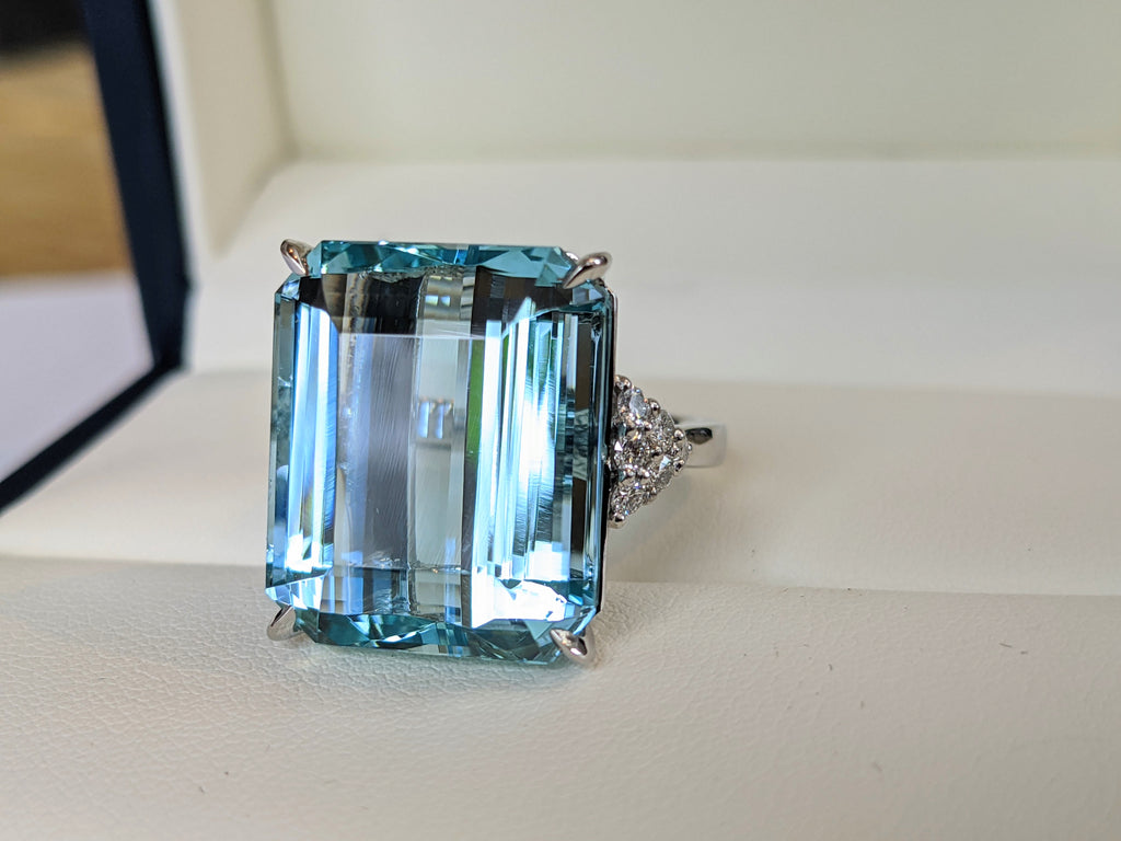 fine large natural aquamarine blue in custom design platinum and diamond ring lady diana