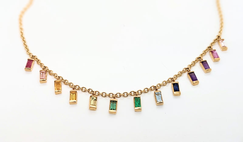 Multicolor natural Sapphire baguettes necklace in 18k yellow gold