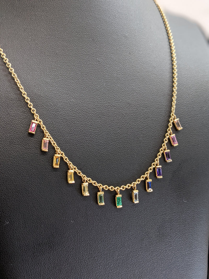 Multicolor natural Sapphire baguettes necklace in 18k yellow gold