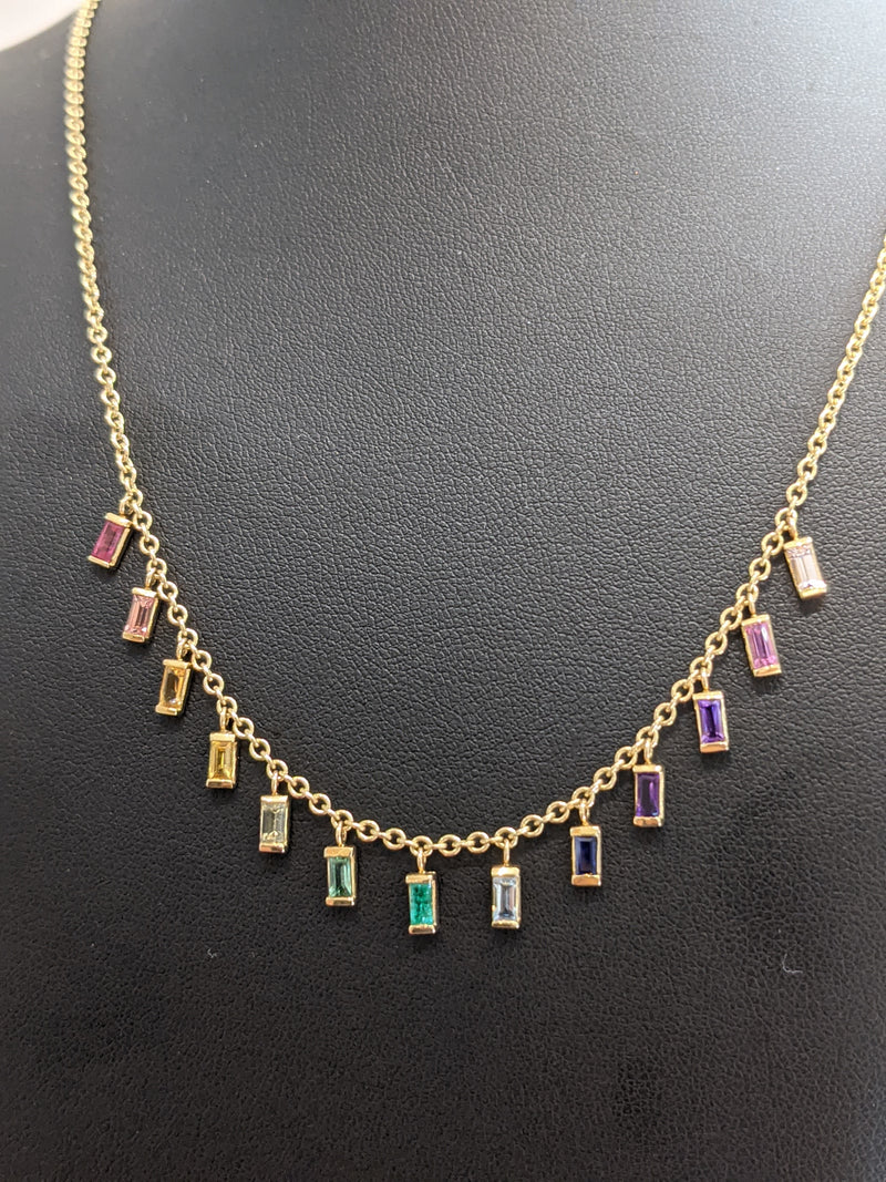 Multicolor natural Sapphire baguettes necklace in 18k yellow gold