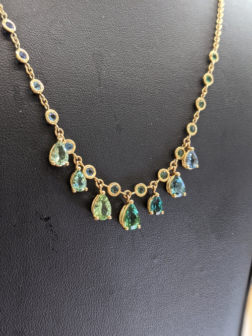 4.95 carat Sapphire Emerald Aquamarine Tourmaline necklace 18k yellow gold