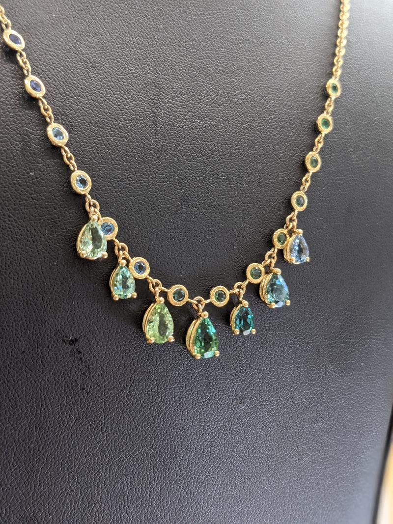 4.95 carat Sapphire Emerald Aquamarine Tourmaline necklace 18k yellow gold