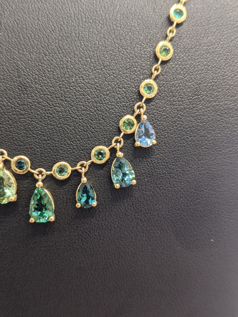 4.95 carat Sapphire Emerald Aquamarine Tourmaline necklace 18k yellow gold