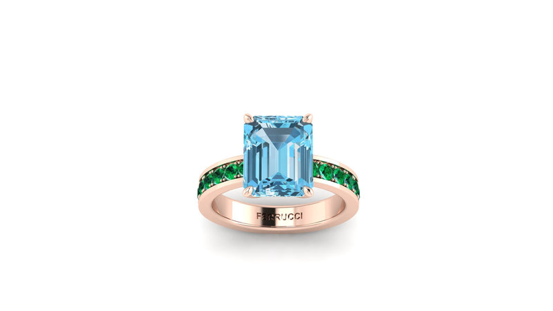 3.09 carats blue natural Aquamarine ring in 18k Rose gold and green Emerald pave'