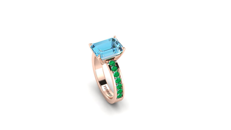 3.09 carats blue natural Aquamarine ring in 18k Rose gold and green Emerald pave'