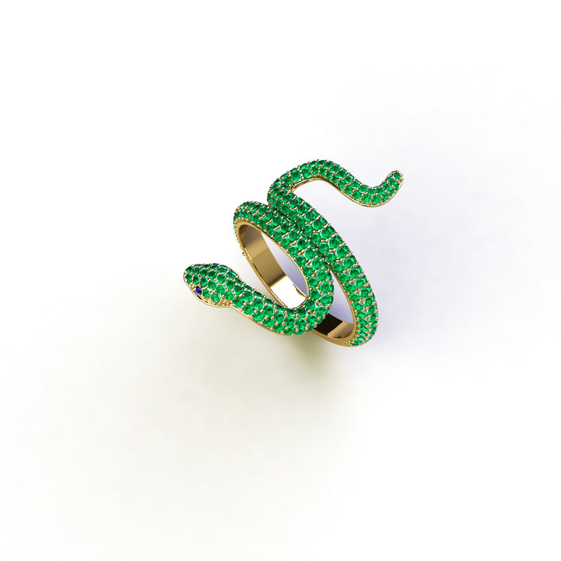 1.35ct Emeralds Pave' Snake 14k Yellow Gold Ring