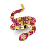 1.35ct Ruby and Yellow Sapphires Pave' Snake Diamonds 18k Yellow Gold Ring