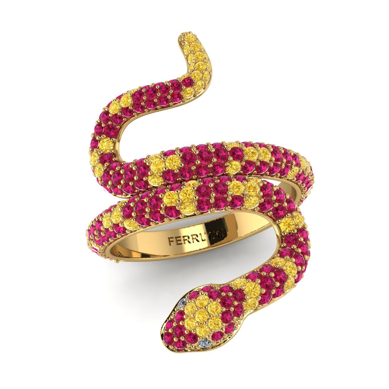 1.35ct Ruby and Yellow Sapphires Pave' Snake Diamonds 18k Yellow Gold Ring