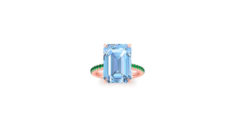 6.21 Carat Emerald Aquamarine Pave Emeralds 18 Karat Rose Gold Cocktail Ring