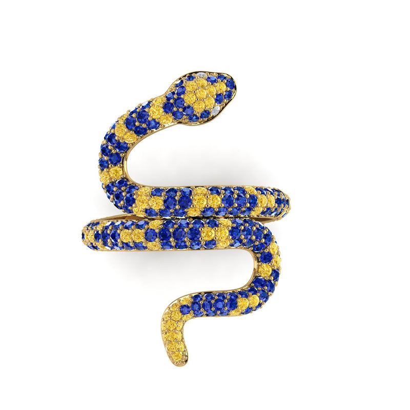 1.35ct Blue and Yellow Sapphires Pave' Snake Diamonds 14k Yellow Gold Ring