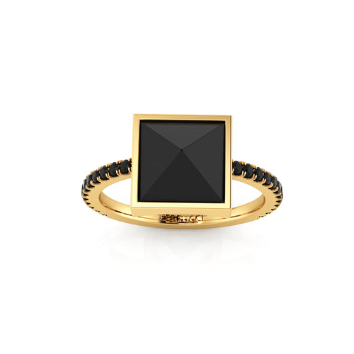 Black Onyx Pyramid Black Diamonds 18 Karat Yellow Gold Ring - FERRUCCI & CO. Jewelry