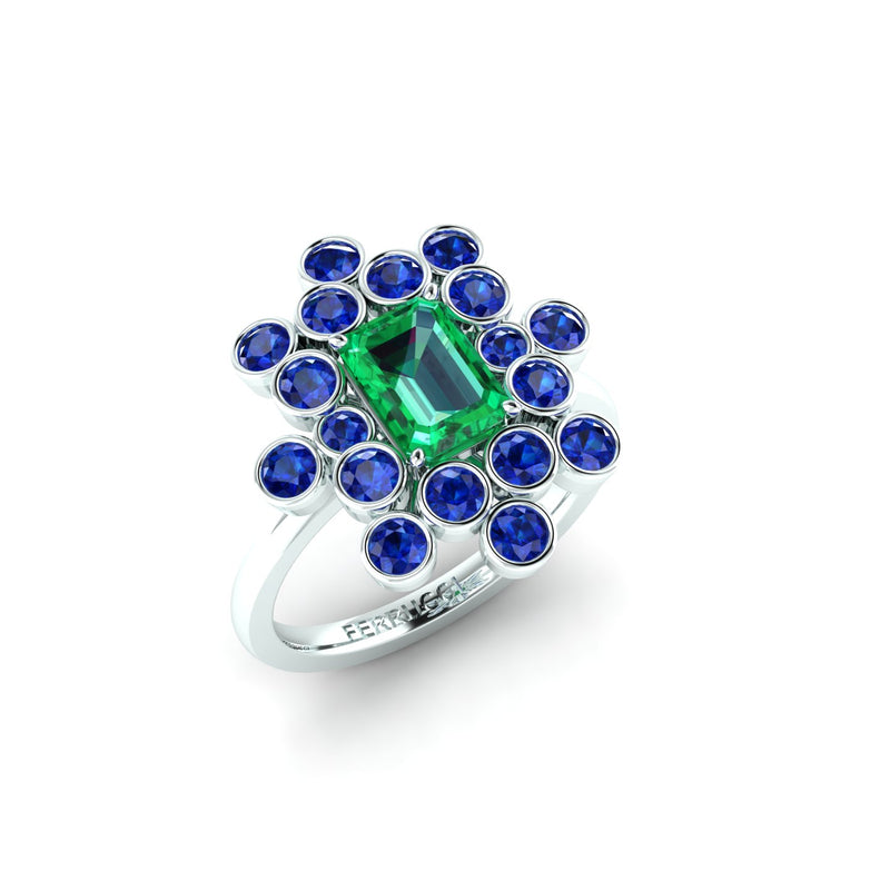 1.5 carats Colombian Emerald and Blue Sapphires cluster Platinum ring