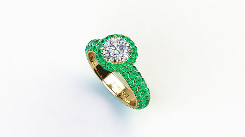 1.06 Ct GIA Certified Round Diamond Round Emerald Halo Pave Shank 18k Gold Ring