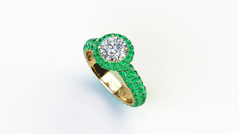 1.06 Ct GIA Certified Round Diamond Round Emerald Halo Pave Shank 18k Gold Ring