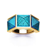 Swiss Blue Topaz Three Pyramids Ring 18K Yellow Gold