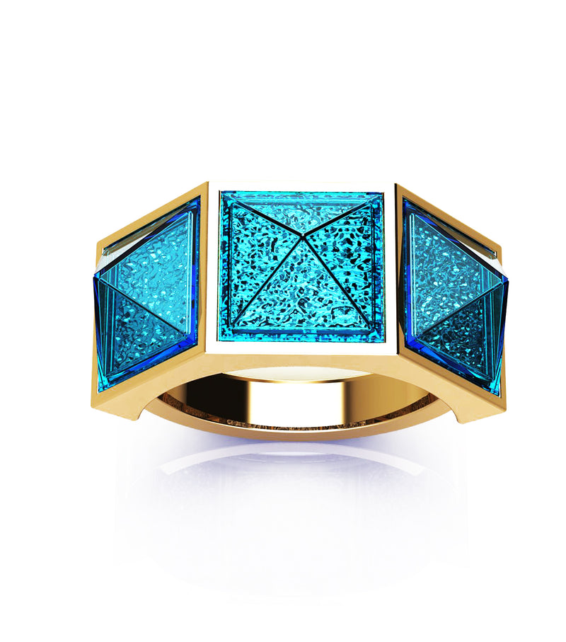 Swiss Blue Topaz Three Pyramids Ring 18K Yellow Gold