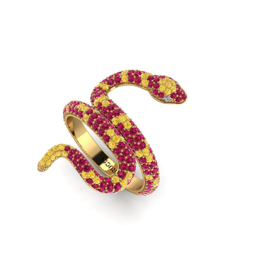 1.35ct Ruby and Yellow Sapphires Pave' Snake Diamonds 18k Yellow Gold Ring