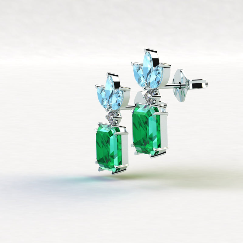 5.04 Carat Colombian Emeralds, Diamonds and Aquamarines Platinum earrings