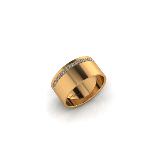 18 Karat Yellow Gold Wide Flat Band White Diamonds Pavé Stackable Ring - FERRUCCI & CO. Jewelry