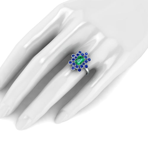 1.5 carats Colombian Emerald and Blue Sapphires cluster Platinum ring