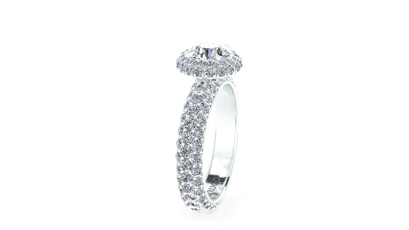 3.49 Ct GIA Certified Round Diamond Round Halo Triple Pave Shank Platinum Ring