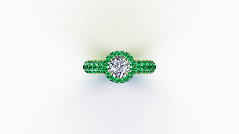 1.06 Ct GIA Certified Round Diamond Round Emerald Halo Pave Shank 18k Gold Ring