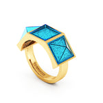 Swiss Blue Topaz Three Pyramids Ring 18K Yellow Gold