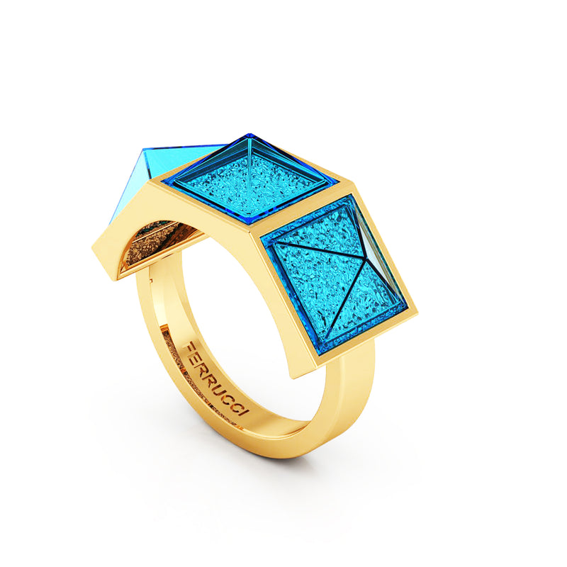 Swiss Blue Topaz Three Pyramids Ring 18K Yellow Gold