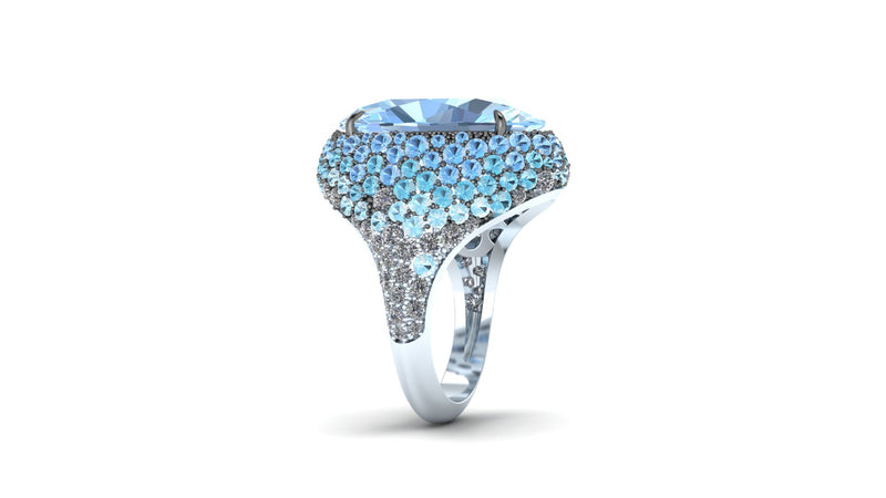 10 carat Oval Aquamarine Graduated colors Aqua Diamond Covered 18k Gold ring