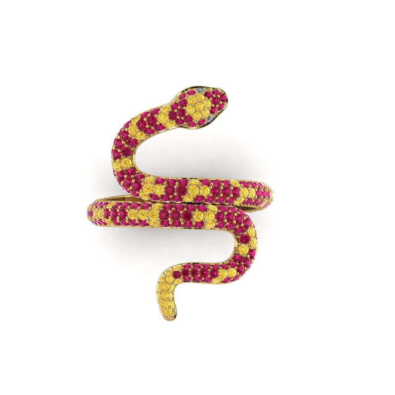 1.35ct Ruby and Yellow Sapphires Pave' Snake Diamonds 18k Yellow Gold Ring