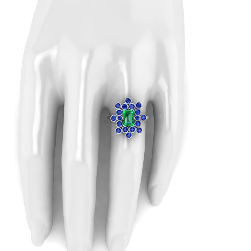 1.5 carats Colombian Emerald and Blue Sapphires cluster Platinum ring