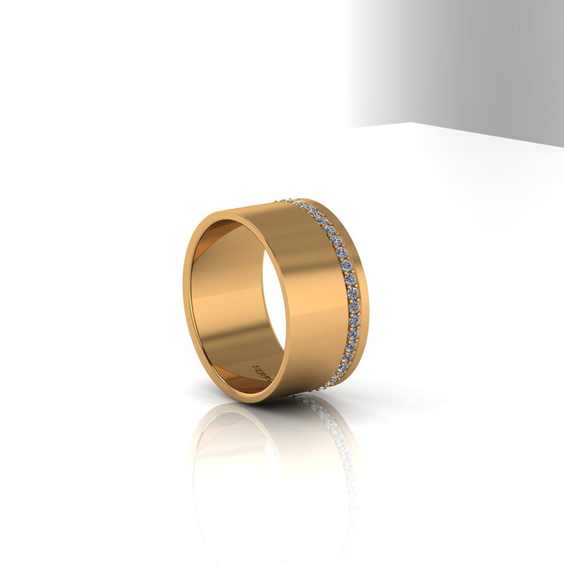 18 Karat Yellow Gold Wide Flat Band White Diamonds Pavé Stackable Ring - FERRUCCI & CO. Jewelry