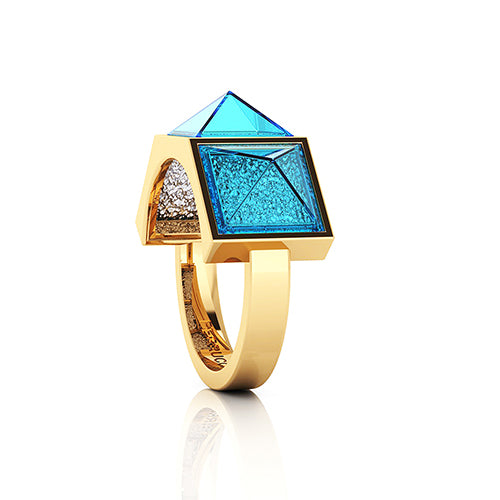 Swiss Blue Topaz Three Pyramids Ring 18K Yellow Gold