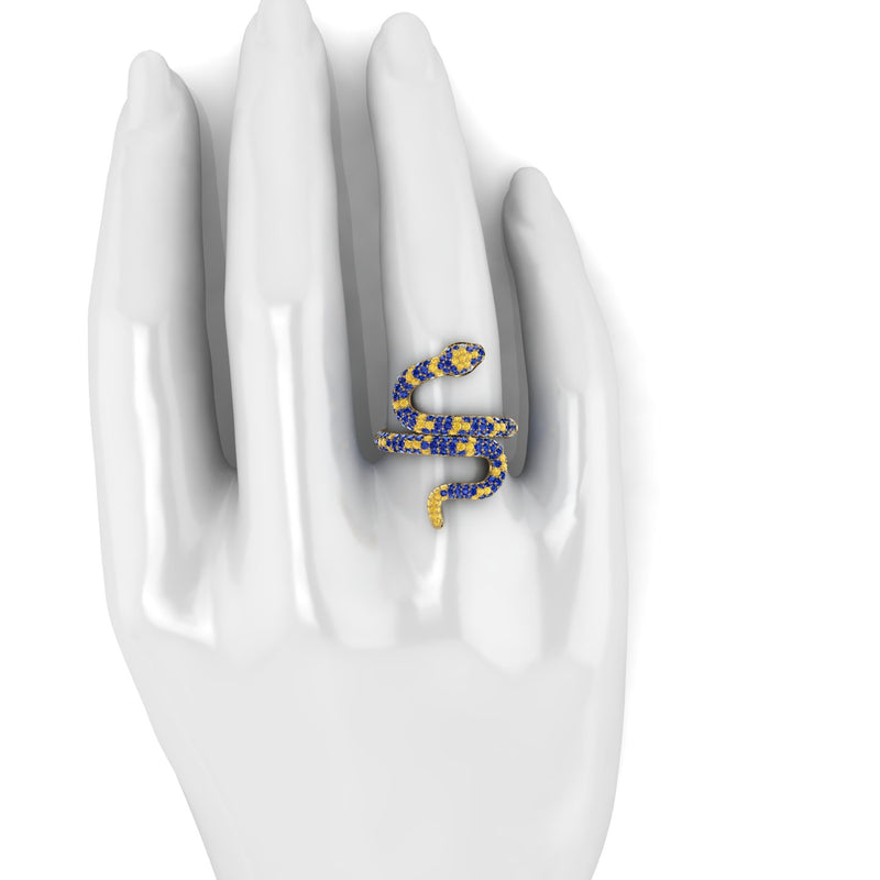 1.35ct Blue and Yellow Sapphires Pave' Snake Diamonds 14k Yellow Gold Ring