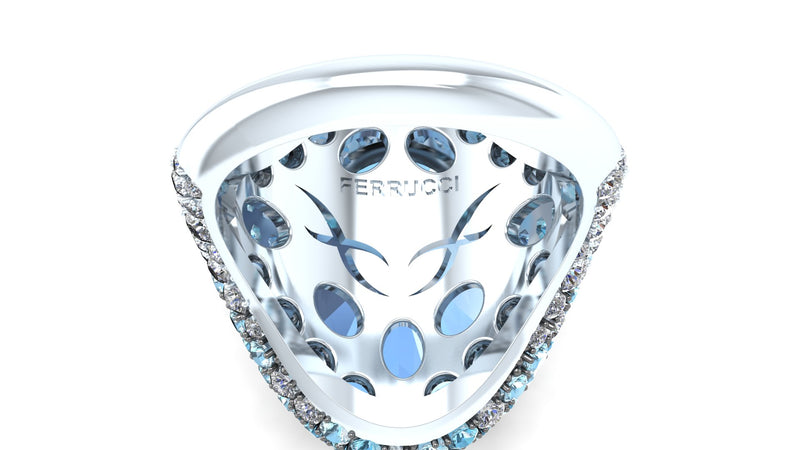 10 carat Oval Aquamarine Graduated colors Aqua Diamond Covered 18k Gold ring