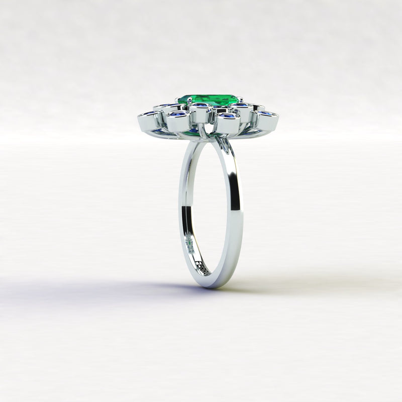 1.5 carats Colombian Emerald and Blue Sapphires cluster Platinum ring