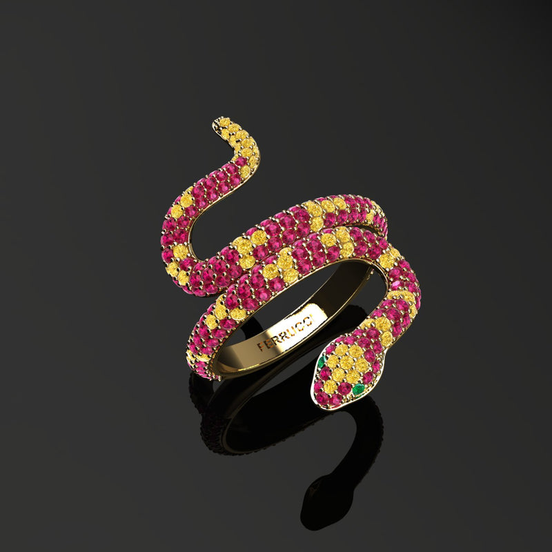 1.35ct Ruby and Yellow Sapphires Pave' Snake Diamonds 18k Yellow Gold Ring