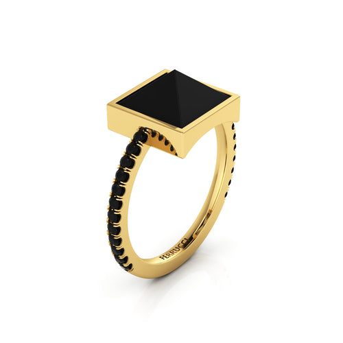 Black Onyx Pyramid Black Diamonds 18 Karat Yellow Gold Ring - FERRUCCI & CO. Jewelry