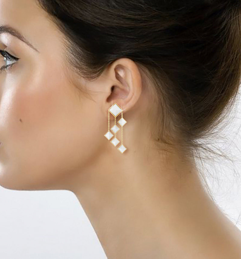 Ferrucci White Agate Pyramids Dangling 18 Karat Yellow Gold Chandelier Earrings - FERRUCCI & CO. Jewelry