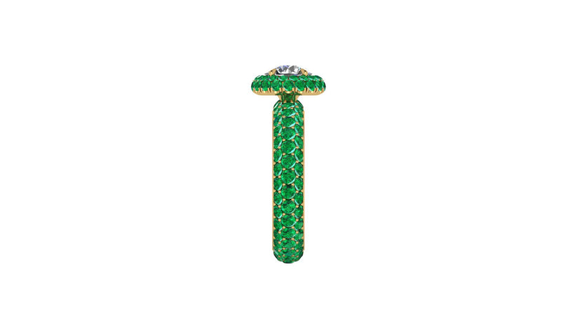 1.06 Ct GIA Certified Round Diamond Round Emerald Halo Pave Shank 18k Gold Ring