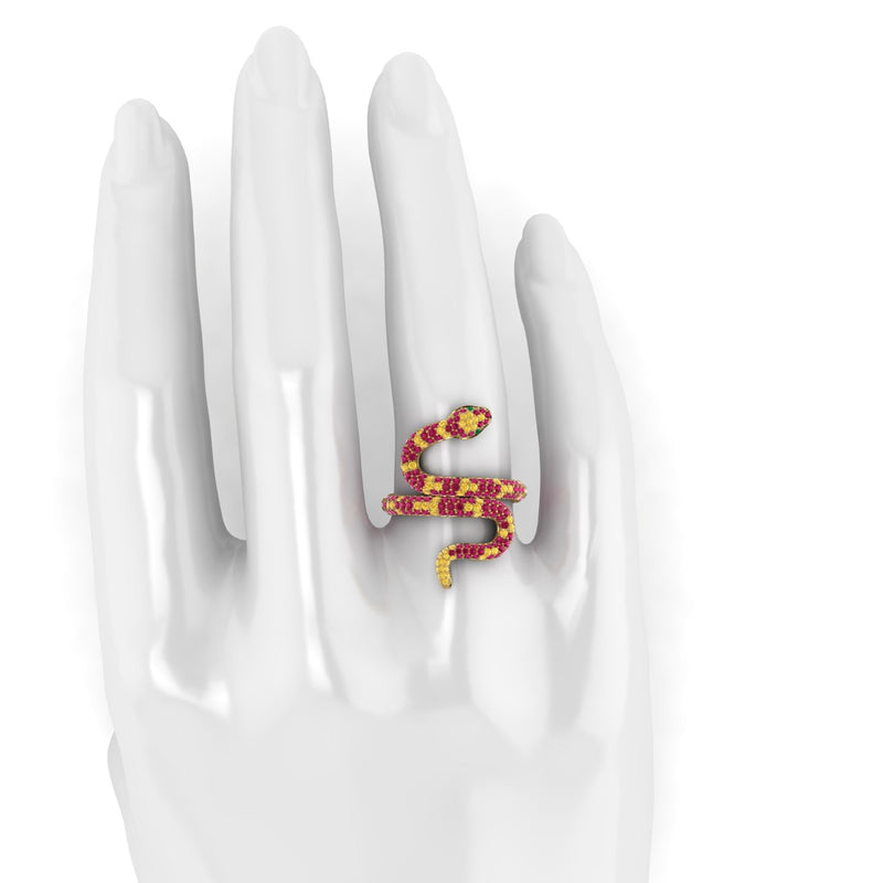 1.35ct Ruby and Yellow Sapphires Pave' Snake Diamonds 18k Yellow Gold Ring