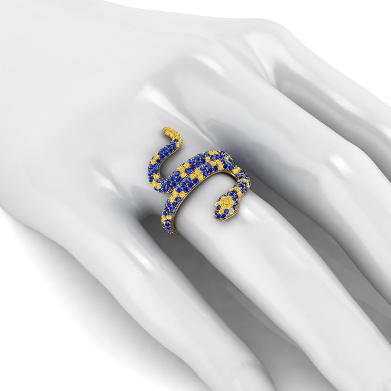 1.35ct Blue and Yellow Sapphires Pave' Snake Diamonds 14k Yellow Gold Ring