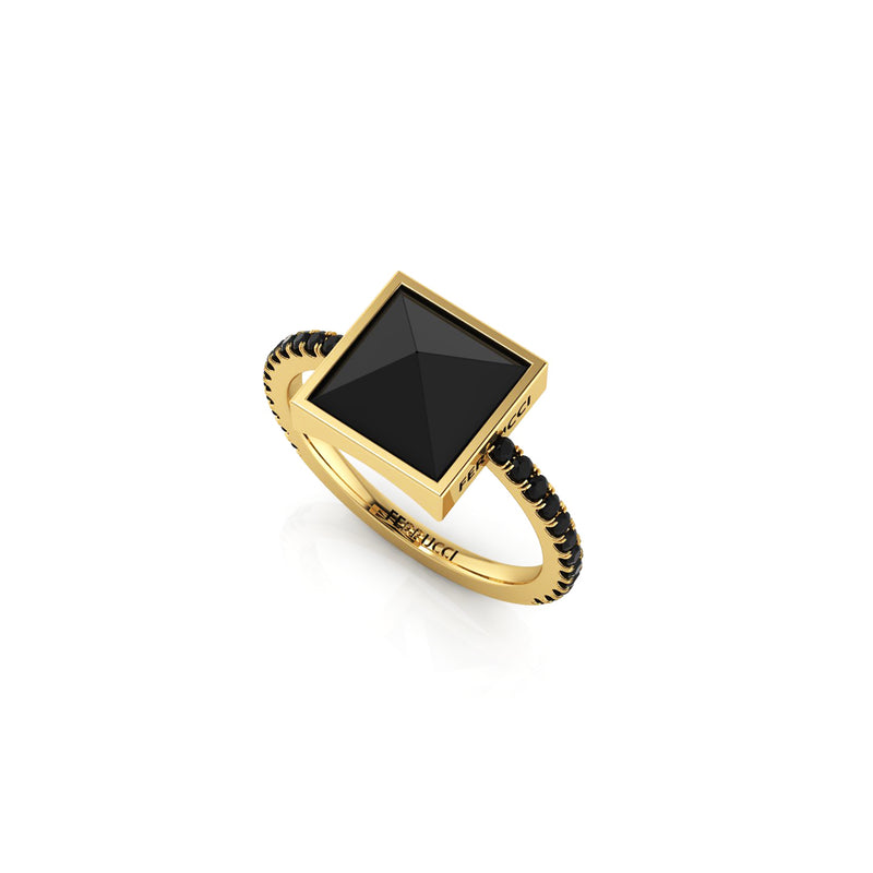 Black Onyx Pyramid Black Diamonds 18 Karat Yellow Gold Ring - FERRUCCI & CO. Jewelry