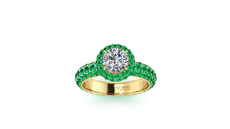 1.06 Ct GIA Certified Round Diamond Round Emerald Halo Pave Shank 18k Gold Ring