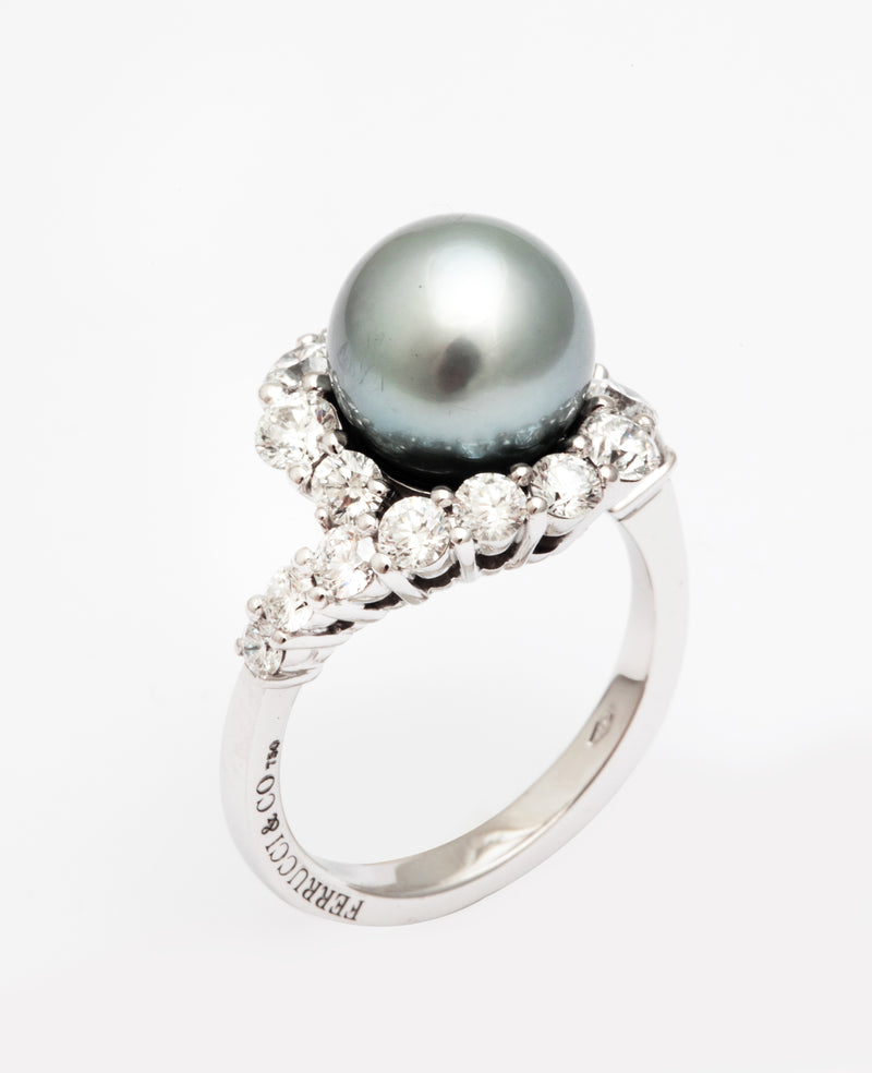 Silver Grey Tahitian Pearl 1.72 carats Diamonds Gold Ring