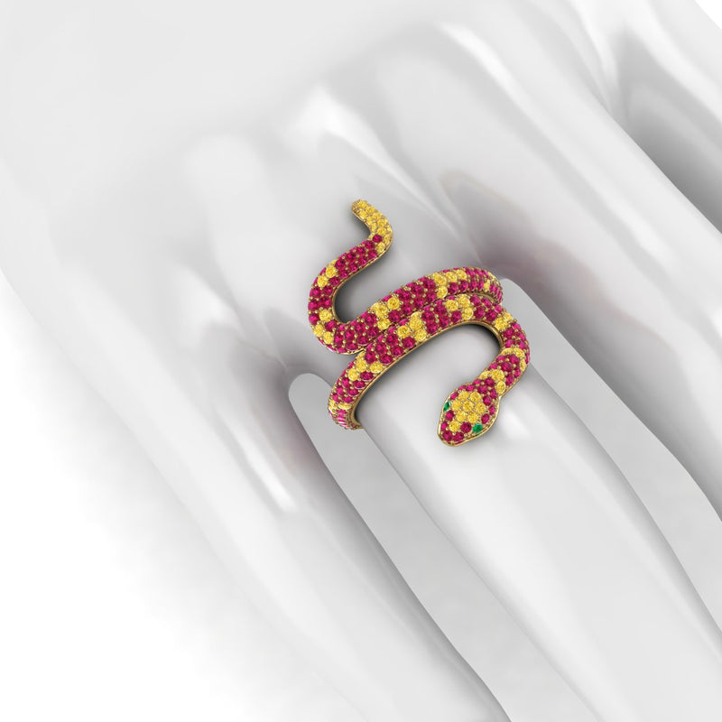 1.35ct Ruby and Yellow Sapphires Pave' Snake Diamonds 18k Yellow Gold Ring