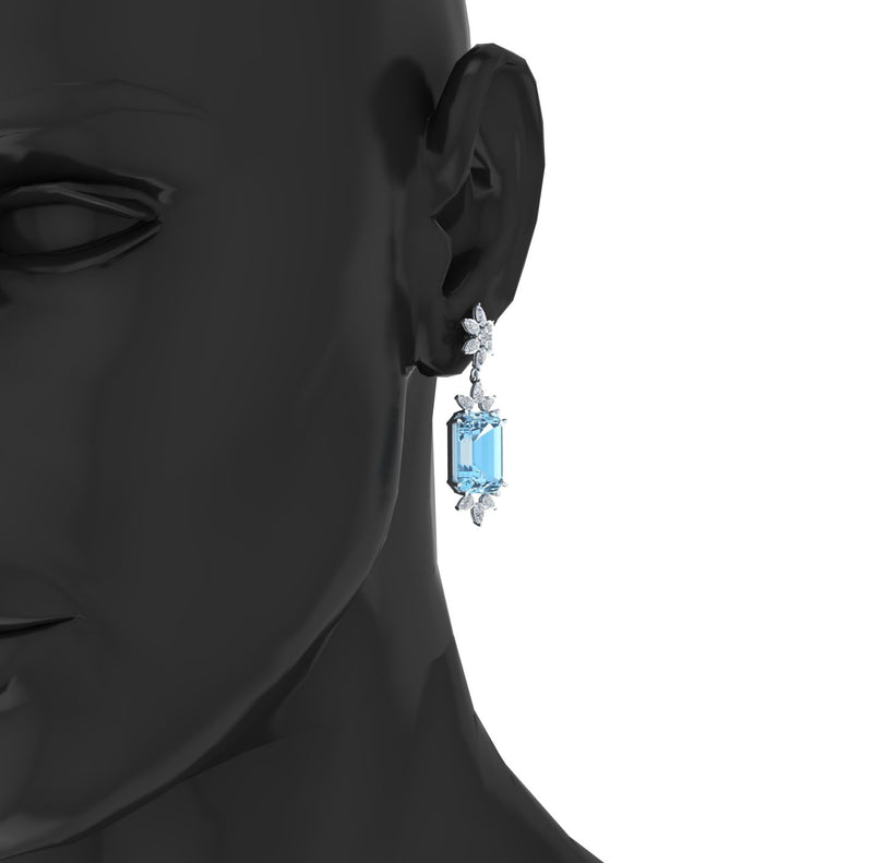 19.5 Carats Emerald cut Aquamarine and Drop Diamonds 18k Gold Earrings